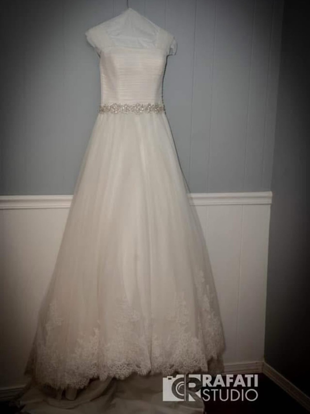 White Wedding Dress with Lace Hem and Beaded Waist